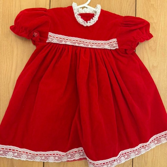 Other - VTG Cutest One Velvet Lace Trim Dress Kids 3T Red Holiday Coquette Cottagecore